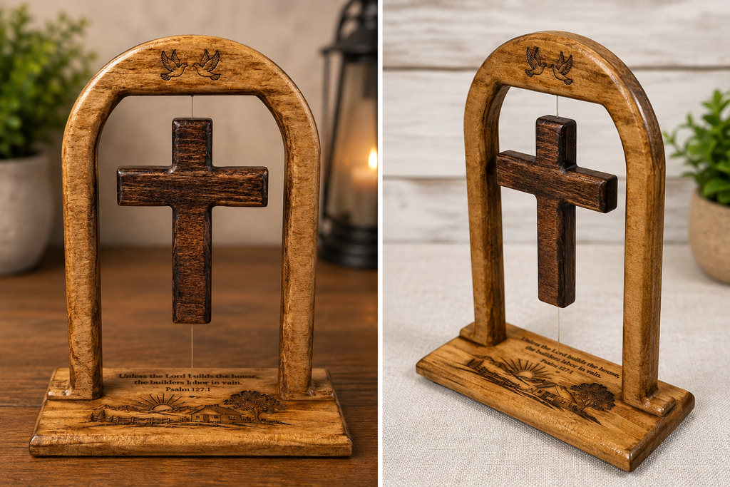 Floating wooden cross with Psalm 127:1 shown from front and angled views