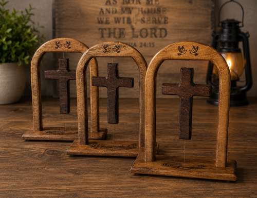 Three handcrafted floating wooden Christian crosses displayed on a rustic tabletop