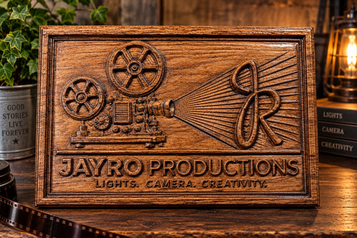 JayRo Productions custom wood plaque example featuring a projector and raised lettering