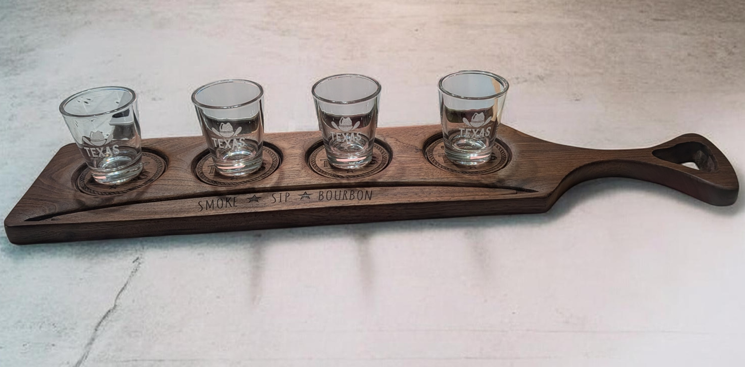 Texas Bourban Flight Board w/Shot glasses