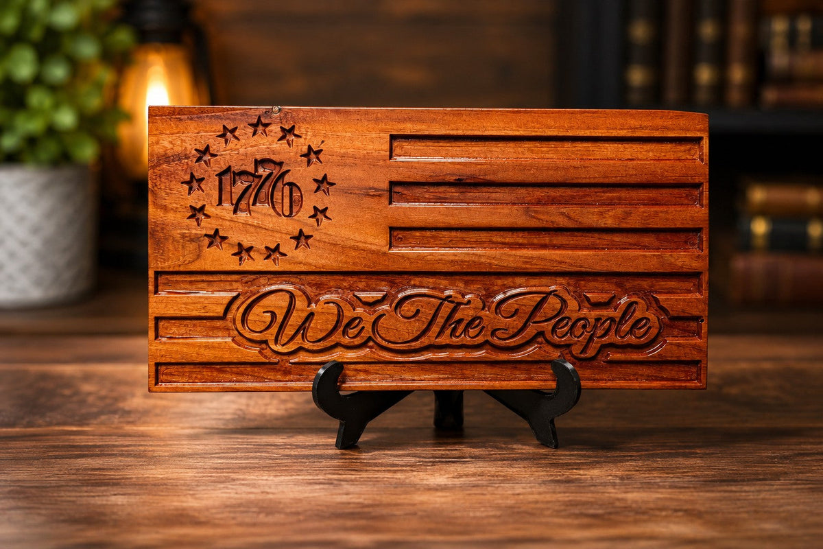 Handcrafted cedar We The People desktop flag displayed on stand