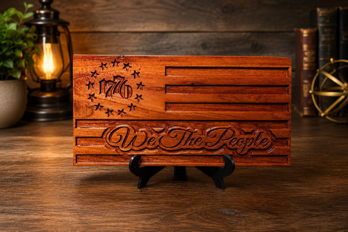 We The People cedar desktop flag handcrafted in East Texas